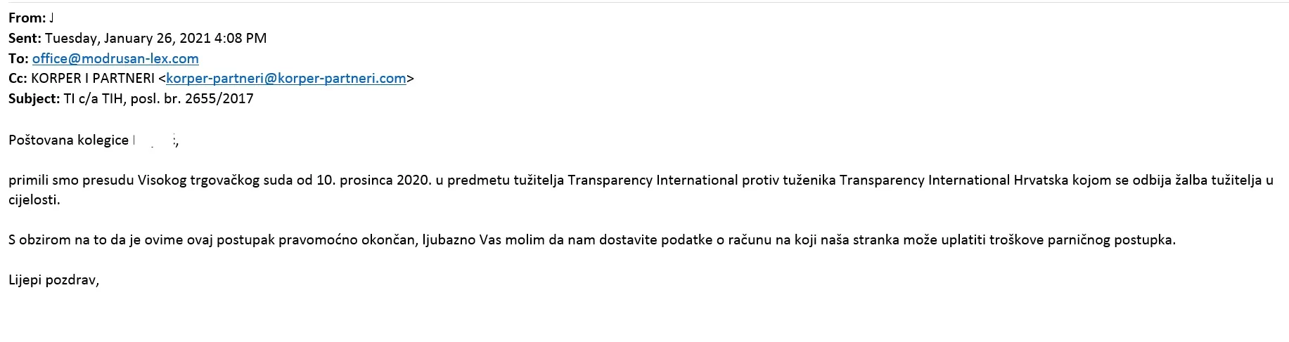 Pravomoćnom presudom Transparency International izgubio spor u Hrvatskoj
